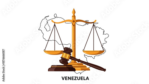 Illustration of a scale of justice and gavel superimposed over a map of Venezuela, symbolizing national legal system and US operations in Venezuela with geopolitical relations to oil and