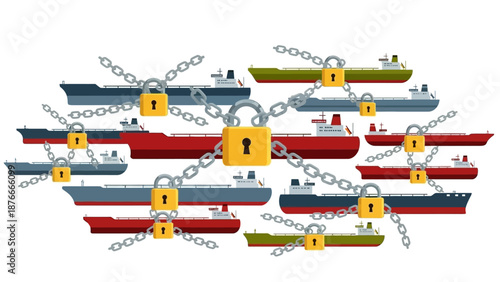 Illustration of oil tankers and cargo ships connected by chains with locks, symbolizing global oil operations and geopolitical relations with national implications.