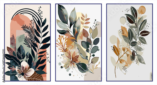 Set of three elegant botanical posters featuring abstract leaves and flowers in earthy tones. Sophisticated vector art with organic shapes and splatters for modern wall decor