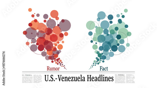 Infographic illustration of US-Venezuela headlines comparing rumor and fact with colorful circles on a newspaper background.