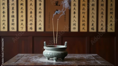 Burning incense sticks in bronze burner with scrolls