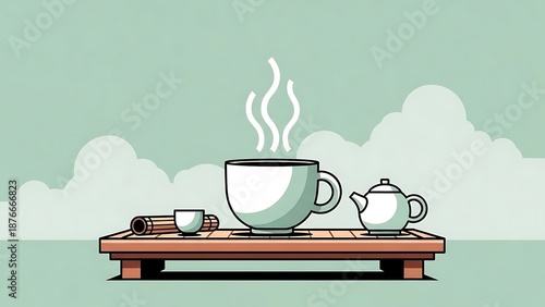 Zen Tea Ritual — Minimalist Flat Vector Animation of a Steaming Cup and Teapot on a Bamboo Tray