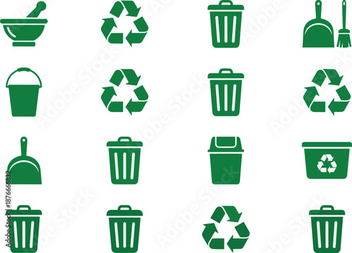 Green recycling and waste icons set, trash bins, eco cleanup, sustainability, reuse recycle concept, environmental protection symbols illustration