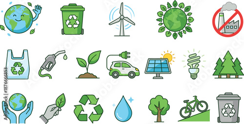 Eco sustainability illustration set, recycling, renewable energy, green lifestyle, environmental protection, clean power, climate friendly symbols design