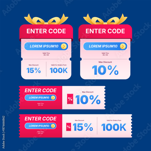 Discount Voucher Design Collection with Promo Code, Gift Coupon Template for Shopping, Ecommerce, App Promotion, Modern Flat Illustration