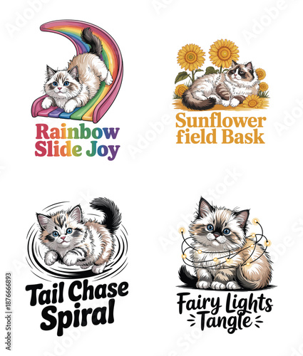 Kitten on rainbow slide, kitten in sunflower field, kitten in spiral, kitten with fairy lights