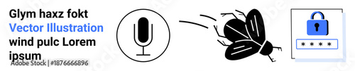 Cybersecurity, online threats, password security, voice recognition, data breaches, and digital protection. A microphone, a flying insect and a password login displayed. Cybersecurity and online