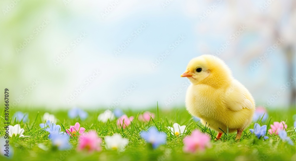 custom made wallpaper toronto digitalA yellow chick standing on green grass with pink and blue flowers.