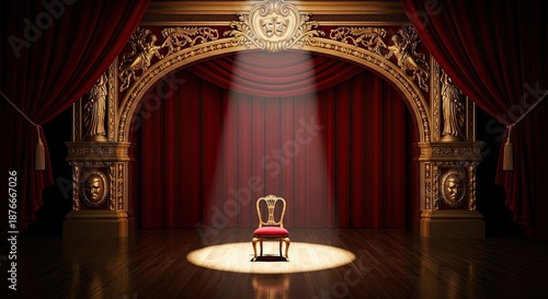Wallpaper Mural A red velvet curtain with gold trim and a spotlight on a single chair in a dimly lit room. Torontodigital.ca
