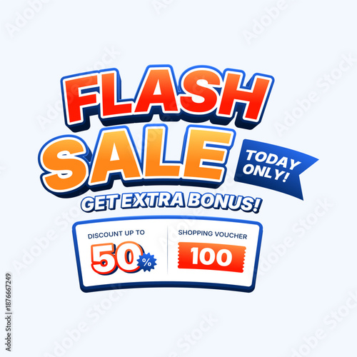 Flash Sale Promotion Banner with 50 Percent Discount and Shopping Voucher, Today Only Special Offer, Modern Colorful Sale Design Template
