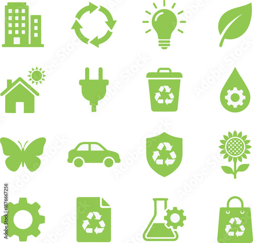 Green eco icons set, sustainability, recycling, renewable energy, environment protection, clean power, eco friendly symbols, sustainable lifestyle illustration