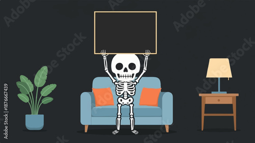 Skeleton holding blank sign above sofa with plant and lamp