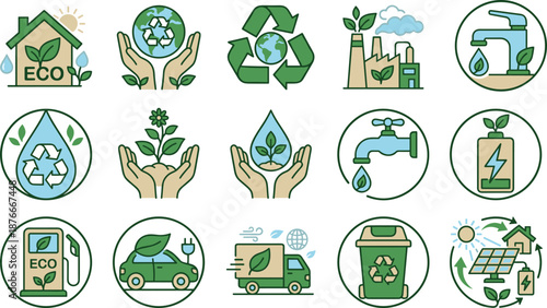 Eco sustainability icons set, green energy, recycling, water conservation, renewable resources, environmental protection, clean technology, climate friendly design