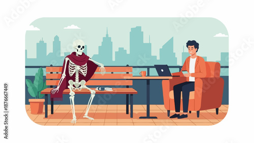 Skeleton with scarf lounges on bench opposite man with laptop and phone