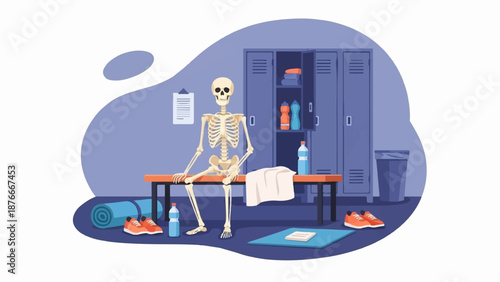 Skeleton sits in gym locker room with workout gear and water bottles