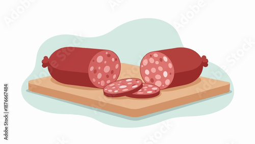 Sliced salami and whole links on a wooden cutting board, simple flat illustration