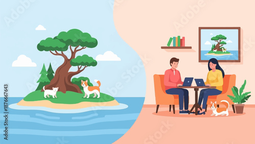 Split image shows island scene with cats, and people working on laptops with pets
