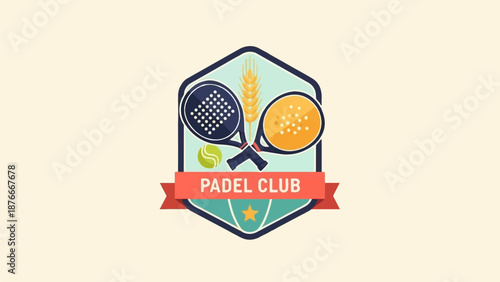 Sports badge features two crossed rackets, a ball, wheat stalk, and star