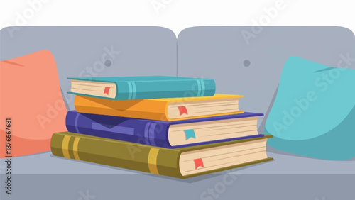 Stack of colorful books resting on a couch with cushions