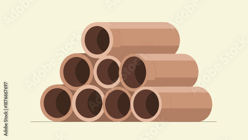 Stacked brown cylindrical tubes form a pyramid against a light background