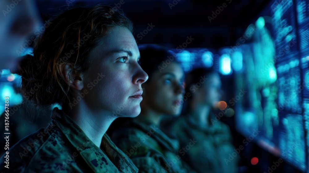 Obraz premium Military women observing data screens