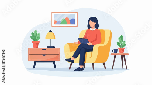 Person in comfy chair with tablet, cozy room, plants, lamp, picture