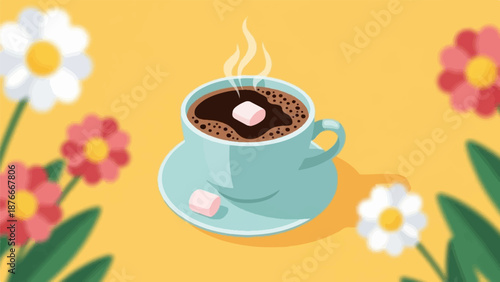 Steaming cup of hot chocolate with marshmallows and flowers on a yellow background