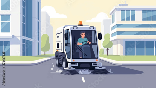 Street sweeper cleaning road in a modern city