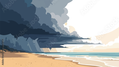 Stormy skies loom over a serene beach with calm ocean waves