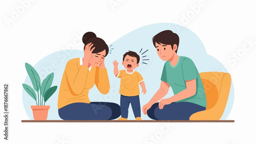 Stressed parents react to a screaming child, while a potted plant sits nearby