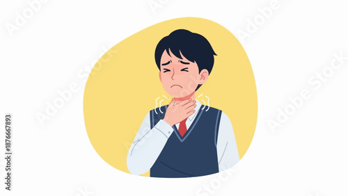 Student with sore throat, holding neck, looking unwell