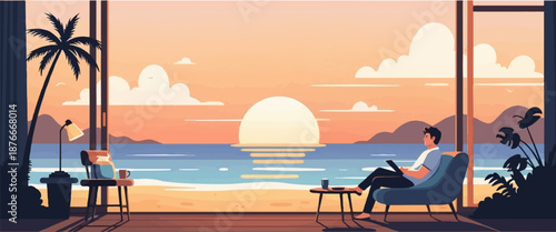 Person relaxing indoors with a scenic beach sunset view, enjoying a drink