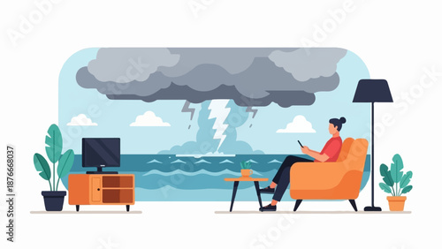 Person relaxing indoors with a storm brewing outside over the ocean, a phone and plants nearby