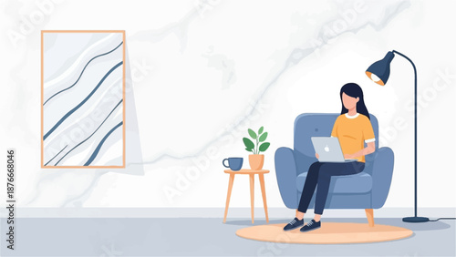 Person relaxing on sofa with laptop and houseplant, contemporary decor