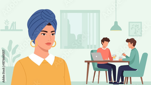 Stylish woman in turban, two men collaborate at desk with laptop and drinks