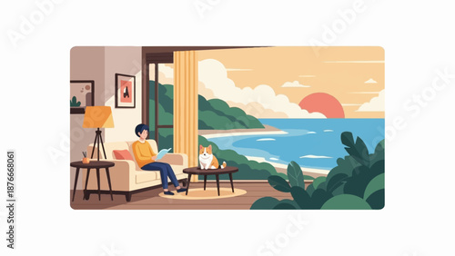 Person relaxing indoors with dog, enjoying a scenic coastal sunset view from a window