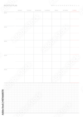 A monthly plan template with a simple and minimal style. Note, scheduler, diary, calendar planner document template illustration.