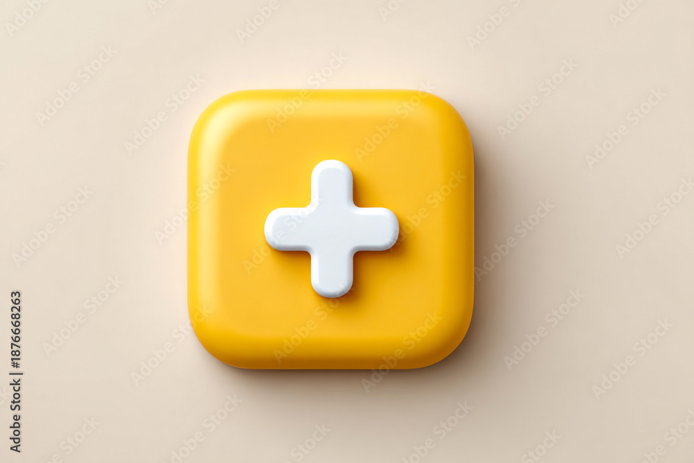 Obraz premium A bright yellow square button with a white plus sign in the center, set against a light beige background.
