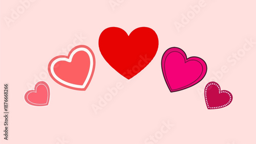 Illustration of hearts in various shades on a soft pink background from a straightforward view