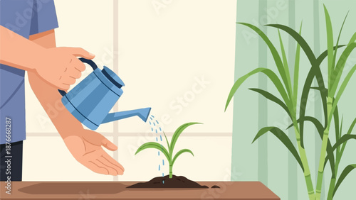 Person watering a small green plant in soil, with a larger plant nearby