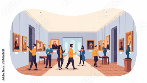 People admire paintings and sculptures in a well-lit museum gallery