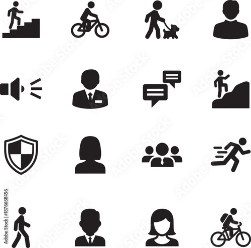 People Poses and Activity Silhouette icon collection. Includes Silhouette symbols cyclist, team, avatar, running, wheelchair and more. Isolated icons. People icon set. Minimalist icons pack.