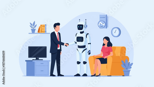 Man shakes robot's hand in office, woman sits on sofa