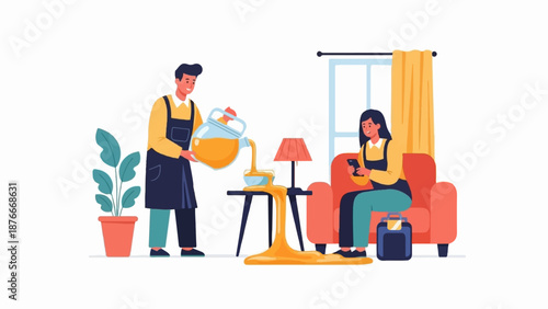 Man pours orange liquid from pitcher, woman on couch with phone, mishap occurs