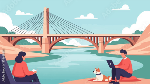 People and dog enjoy river view with suspension bridge