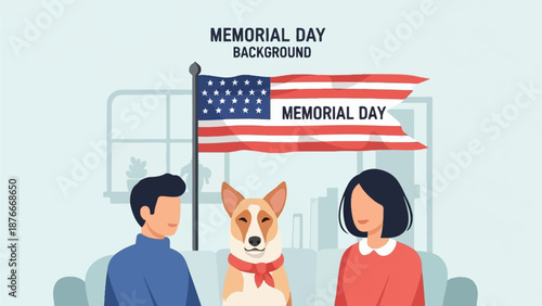 People and dog celebrate Memorial Day with American flag