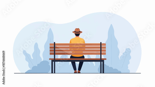 Man in hat on park bench with stylized foliage in background