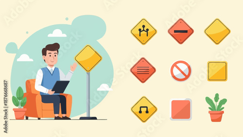 Man in armchair with tablet, traffic signs, and potted plants on a light background