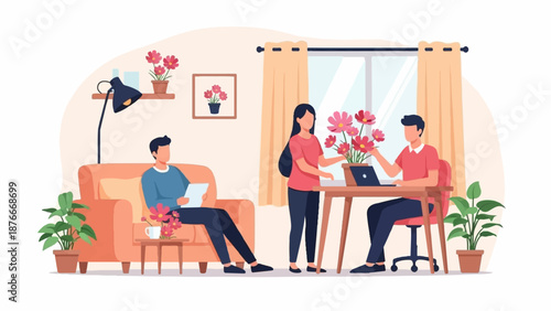 People interact in a bright, plant-filled living space while working and relaxing