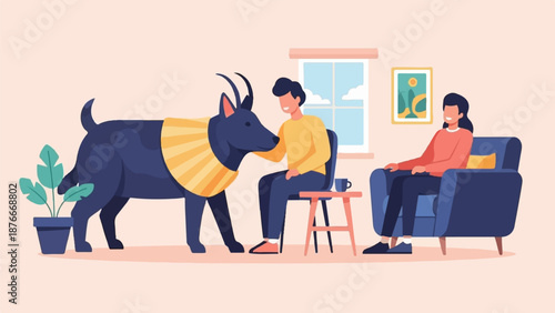 Man and woman in a living room petting a dark blue dog wearing a yellow collar, with a plant